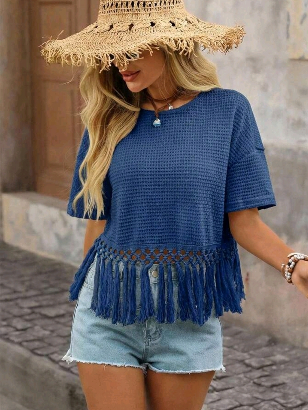 Blue Waffle-Knit Fringe Crop Top
